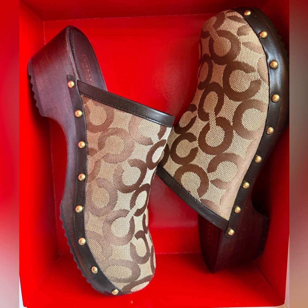 Coach Tan and Brown Patterned Mules/Clog